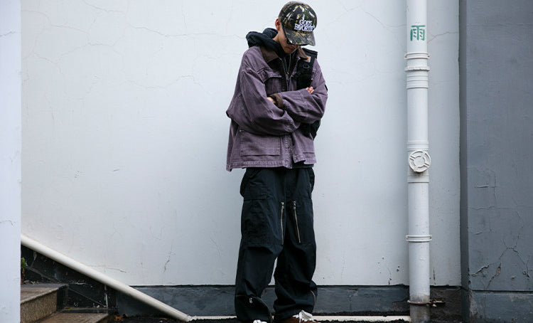 Cotton Cargo Jacket – Corduroy Collar & Four Pockets | Yamalin clothes | Vintage workwear outfit for men
