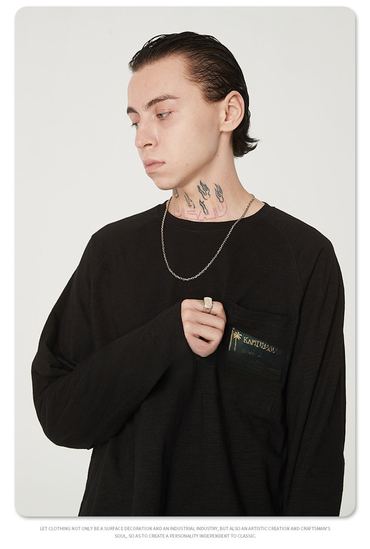 Japanese Style Flag Embroidery Loose Round Neck Men's Versatile Long Sleeve T-Shirt