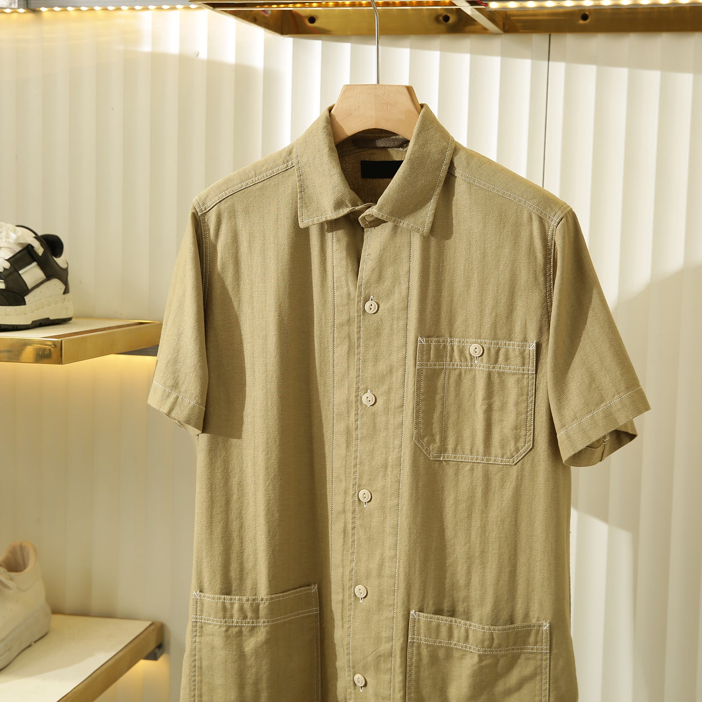 100% Cotton Herringbone Summer Men's Loose Casual Short Sleeve Work Shirt Top