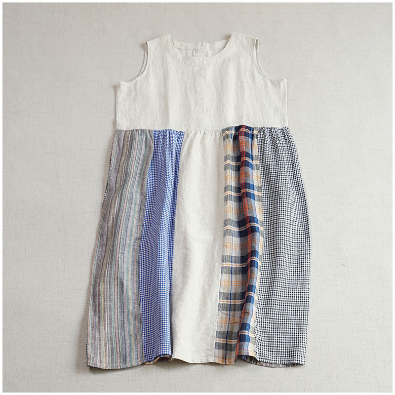 Linen Color-Block Mori Girl Tank Dress – High-Waist, Loose, Round Neck