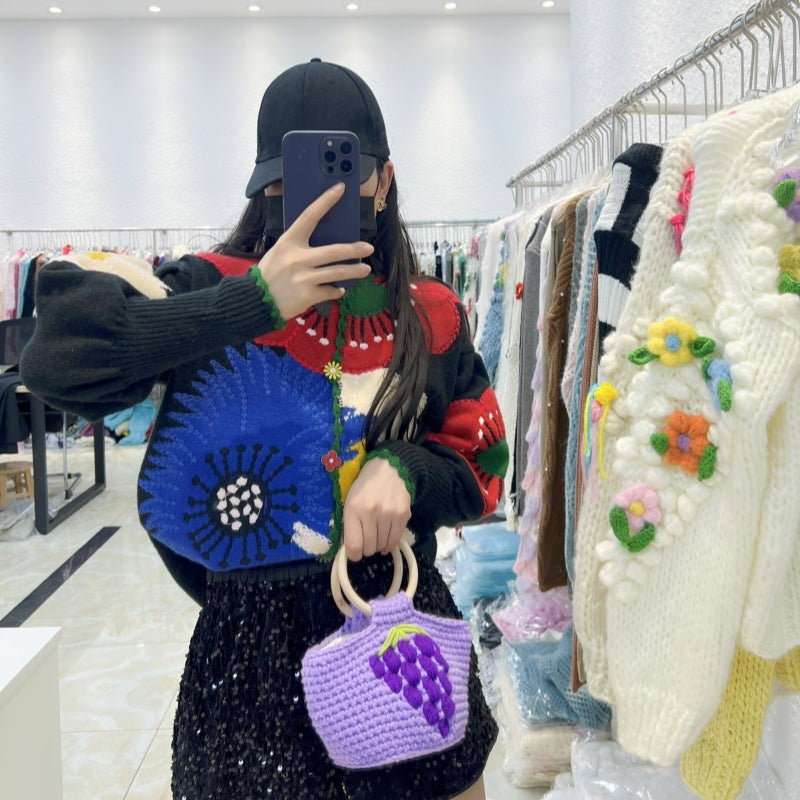 French Style Heavy Embroidery Floral Vintage Knit Sweater for Women 2025 Autumn Winter New Loose Cardigan Coat Trend