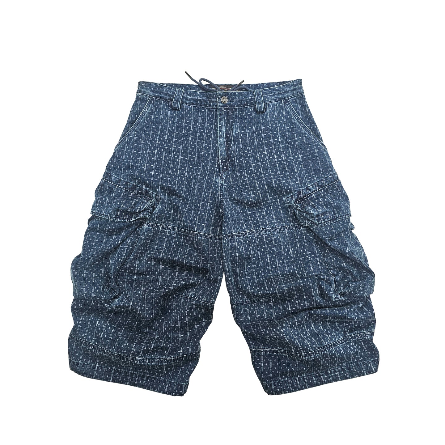 Blue Dyed Jacquard Loose Fit Scimitar Cropped Pants Japanese Retro Style with Large Pockets Casual Mid-Length Shorts