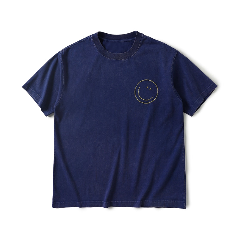 Hand-Embroidered 3D Smiley Face Cotton Tee – Vintage Crewneck Short Sleeve, Casual Unisex