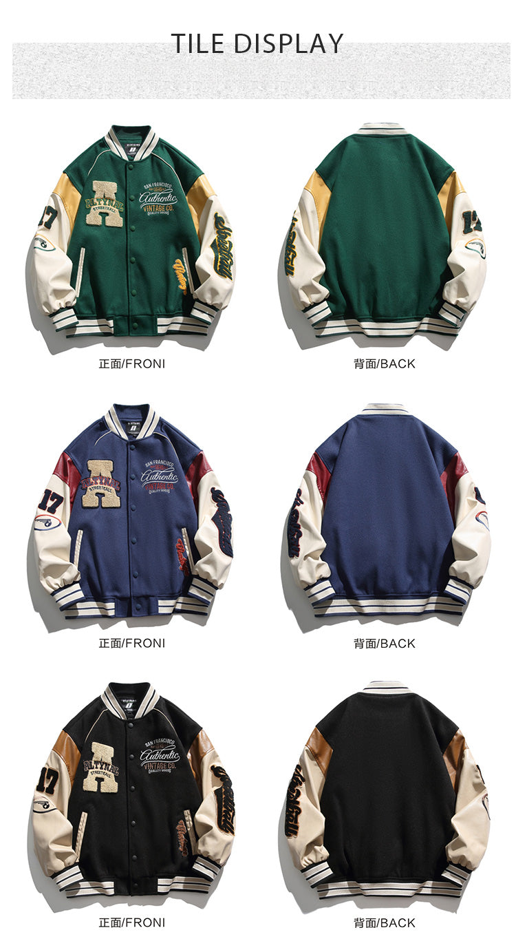 American Style Trendy Brand Patchwork Baseball Jacket for Men, Autumn and Winter Retro Cotton Jacket, Spring and Autumn New Couple Jacket