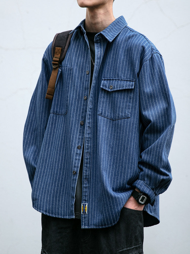 Striped Denim Shirt – Asymmetric Chest Pockets | Yamalinclothes