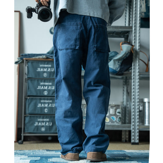 Vintage washed workwear style wide-leg jeans men's loose versatile trousers French blue distressed straight-leg pants for men and women