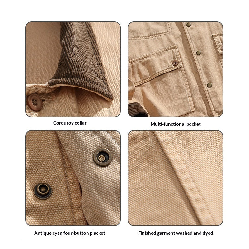 Cotton Cargo Jacket – Corduroy Collar & Four Pockets | Yamalin clothes | Vintage workwear outfit for men