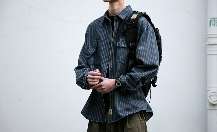 Striped Denim Shirt – Asymmetric Chest Pockets | Yamalinclothes