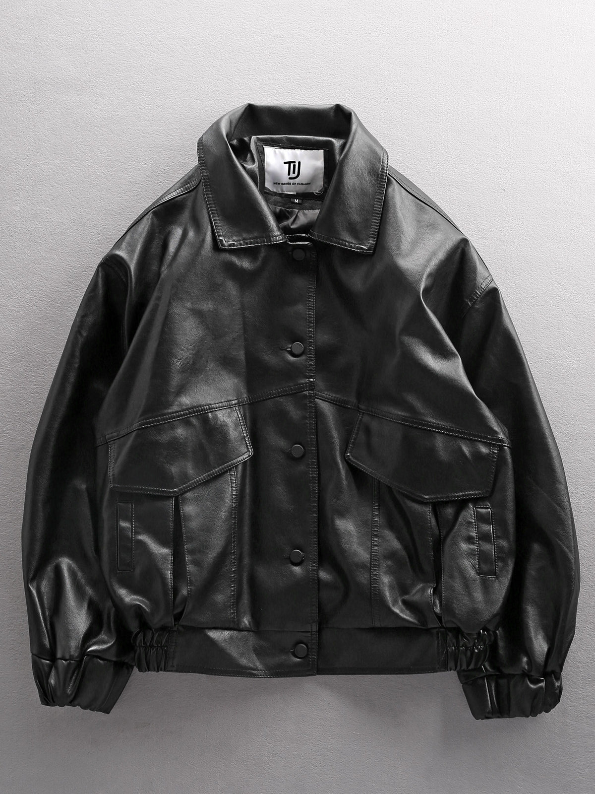 Badge Embroidered PU Leather Biker Jacket – Oversized Unisex | Yamalin clothes | Vintage workwear outfit for men