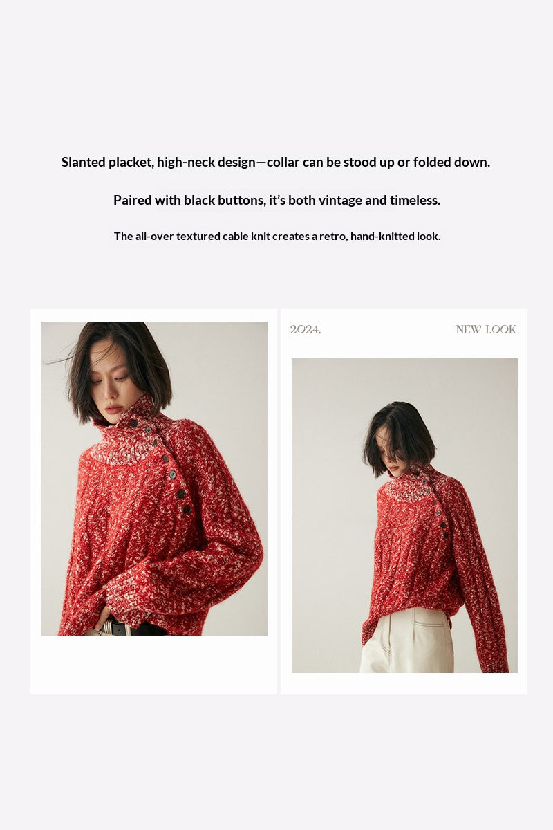 Heavy-duty lazy cashmere sweater, diagonal buttoned floral tulle, thickened twisted high-neck sweater, Korean autumn/winter new women's knitwear | Yamalinclothes