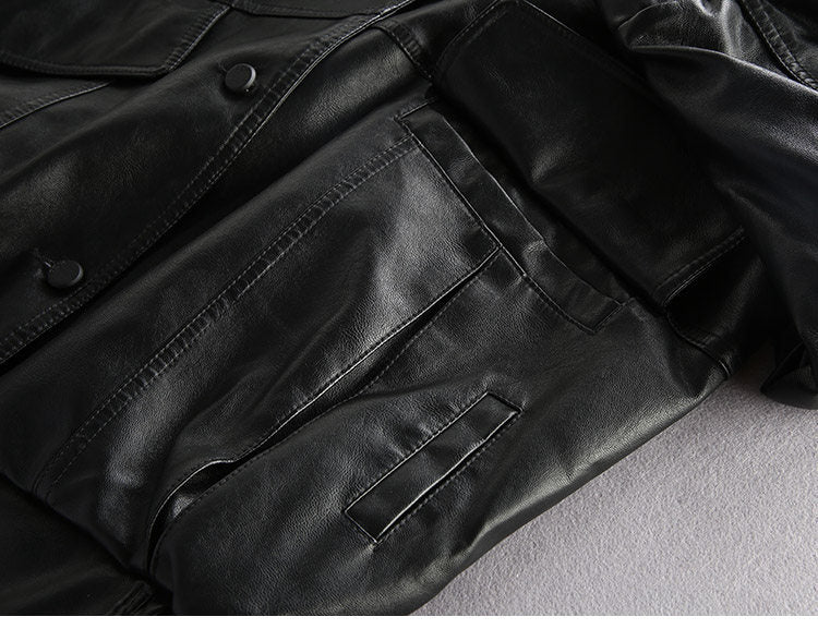 Badge Embroidered PU Leather Biker Jacket – Oversized Unisex | Yamalin clothes | Vintage workwear outfit for men