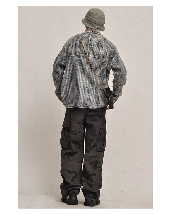 Textured Denim Jacket – Stand Collar & Bound Pockets