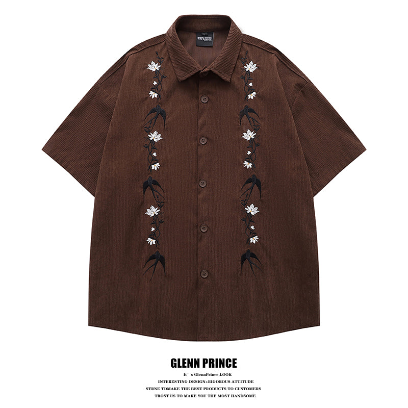 American Retro Floral Embroidery Corduroy Short Sleeve Shirt for Men Summer Trendy Brand Niche Loose Shirt
