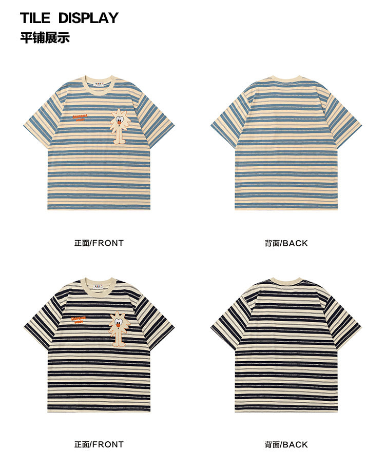Japanese Style Casual Cartoon Color Block Striped Short Sleeve Men's T-Shirt Summer Oversize Lazy Half Sleeve Tee
