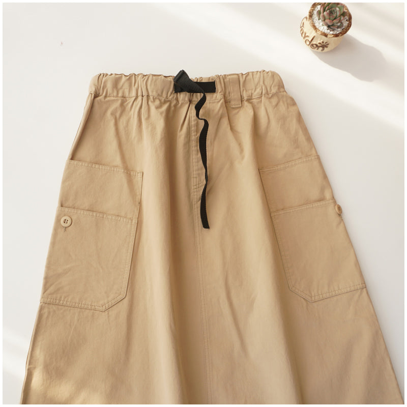 Japanese-Style Patchwork A-Line Skirt – High-Waist Loose Fit with Elegant Elastic Waist