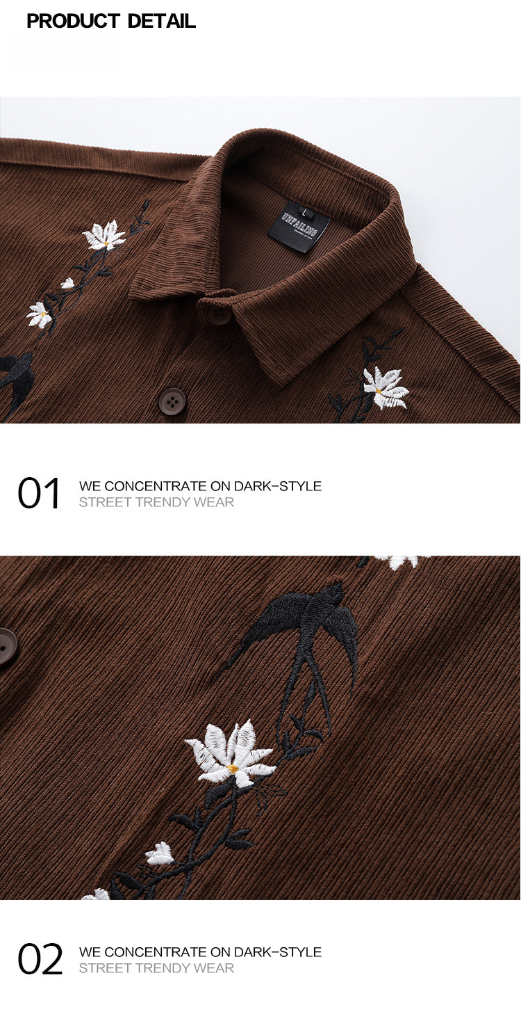 American Retro Floral Embroidery Corduroy Short Sleeve Shirt for Men Summer Trendy Brand Niche Loose Shirt