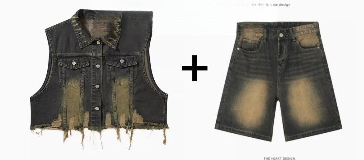 Vintage Distressed Turn-Down Collar Short Fringe Raw Edge Denim Vest Men's Functional Style Workwear Stylish Vintage Vest