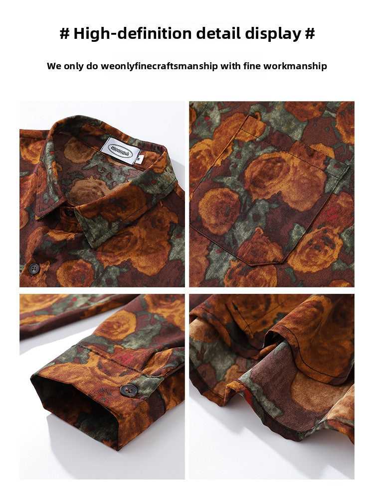 American Retro Oil Painting Floral Full Print Long Sleeve Shirt for Men, Autumn Street Style Loose Casual Floral Shirt