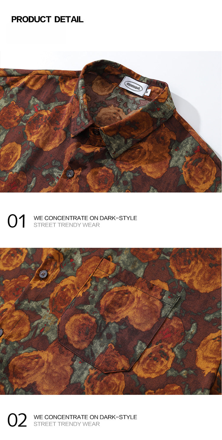 American Retro Oil Painting Floral Full Print Long Sleeve Shirt for Men, Autumn Street Style Loose Casual Floral Shirt