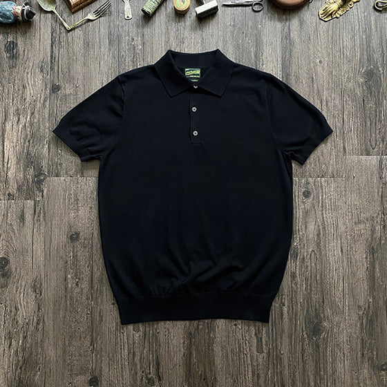 Classic British Retro Pure Black Turn-down Collar Polo Shirt High-woven Long-staple Cotton