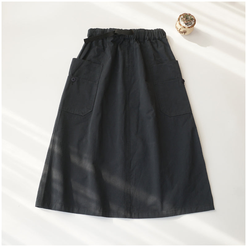 Japanese-Style Patchwork A-Line Skirt – High-Waist Loose Fit with Elegant Elastic Waist