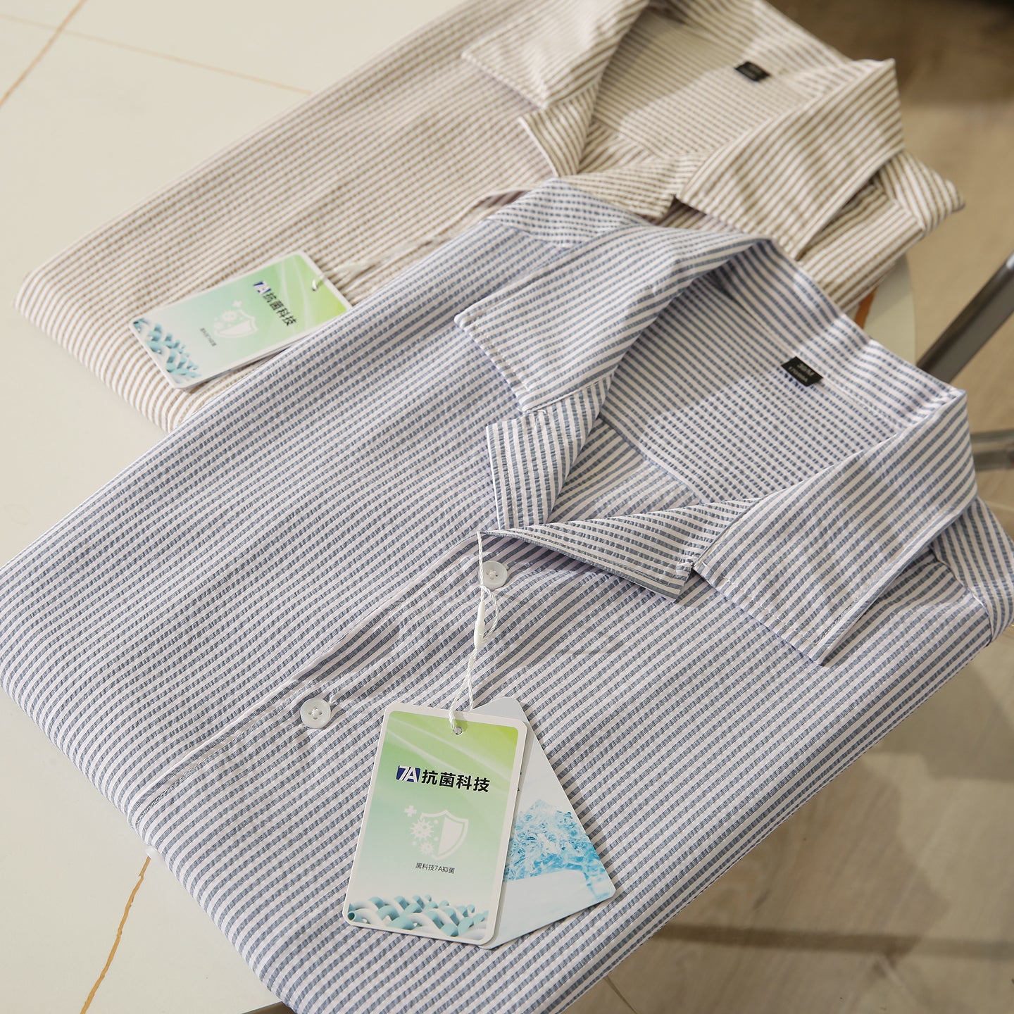 Bubble Gauze Texture 7A Antibacterial Cool Summer Men's Cuban Collar Striped Short Sleeve Shirt Top