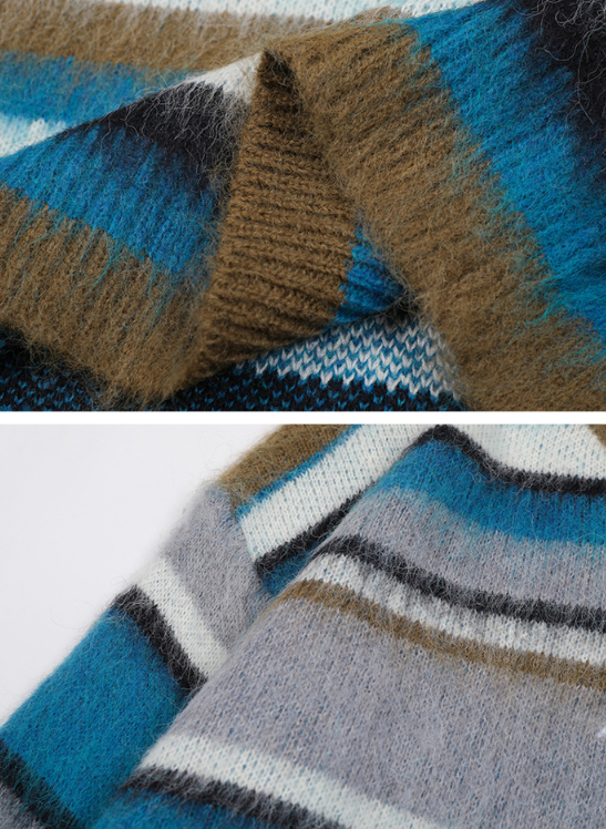 WOODOO Unisex Retro Knitted Sweater - Color Block Striped Round Neck Top