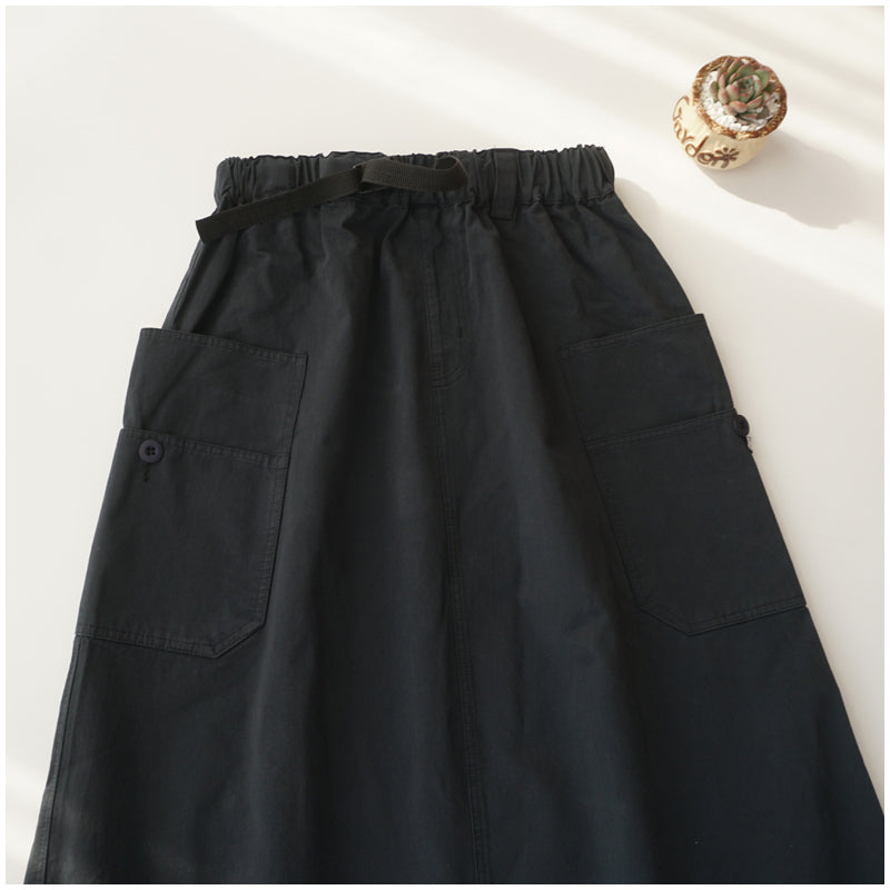 Japanese-Style Patchwork A-Line Skirt – High-Waist Loose Fit with Elegant Elastic Waist