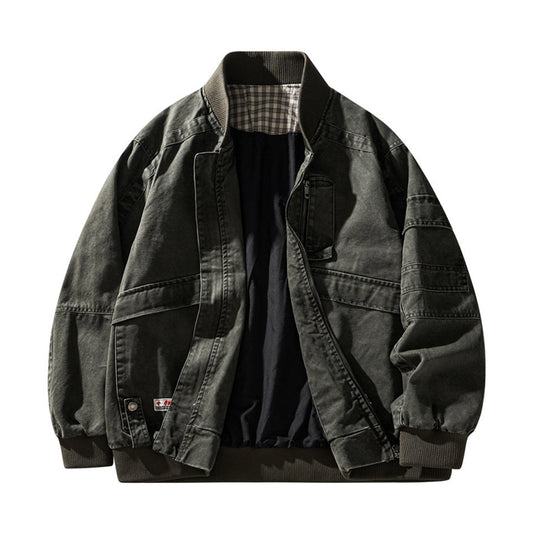 Retro Heavy Cotton Cargo Baseball Jacket – Men's Loose American Workwear