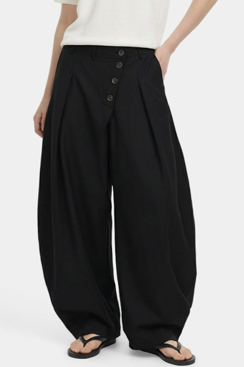 Wide-Leg Trousers – Diagonal Buttons & Deep Pleats