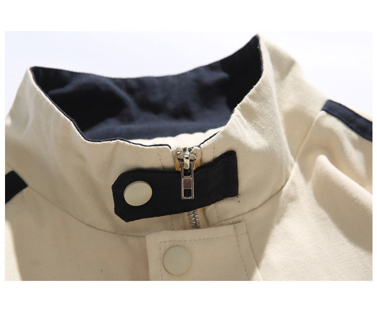 Color-Block Stand-Collar Jacket – Oversized Unisex American Retro | Yamalin clothes | Vintage workwear outfit for men