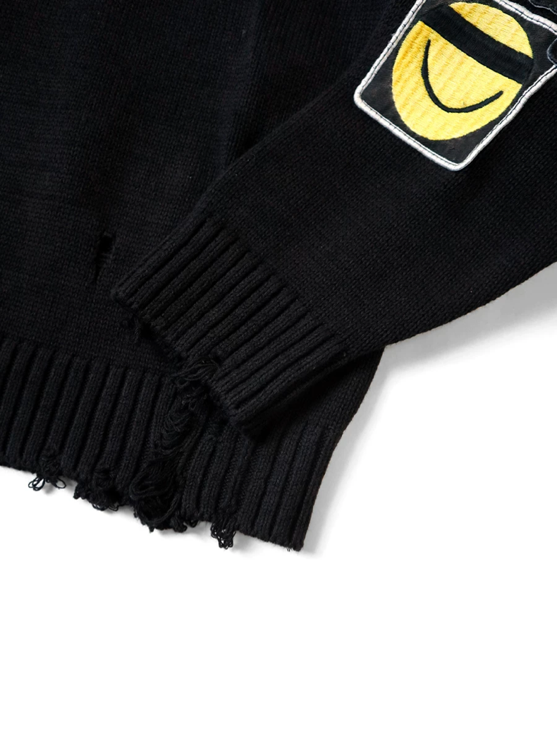 Classic Cut-Out Smiley Face Badge Sweater - Distressed Crew Neck (25AW)