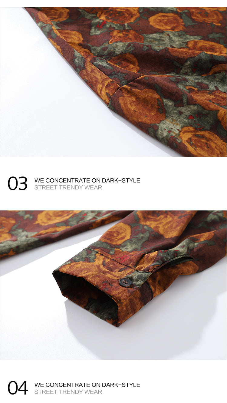 American Retro Oil Painting Floral Full Print Long Sleeve Shirt for Men, Autumn Street Style Loose Casual Floral Shirt