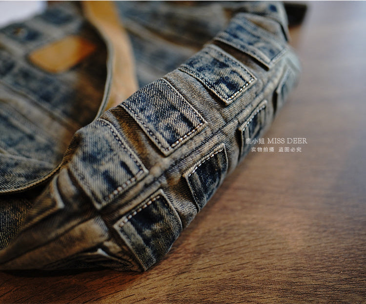 Vintage Washed Distressed Denim Patchwork Lightweight Large Capacity Tote Bag Versatile Casual Shoulder Crossbody Bag