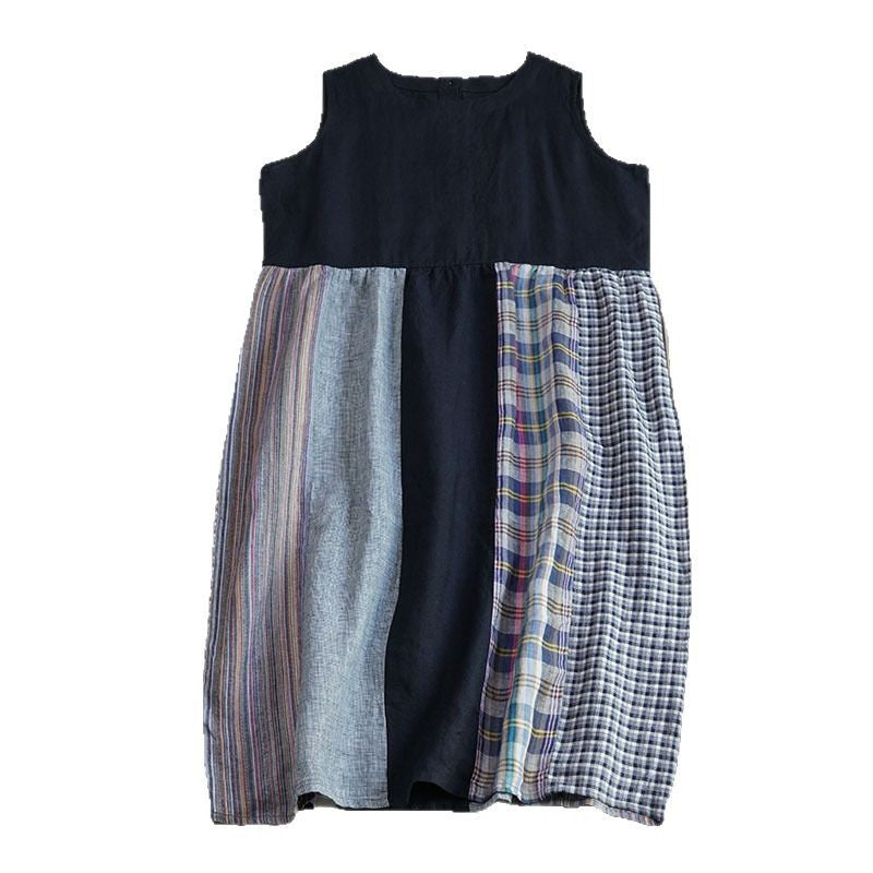Linen Color-Block Mori Girl Tank Dress – High-Waist, Loose, Round Neck