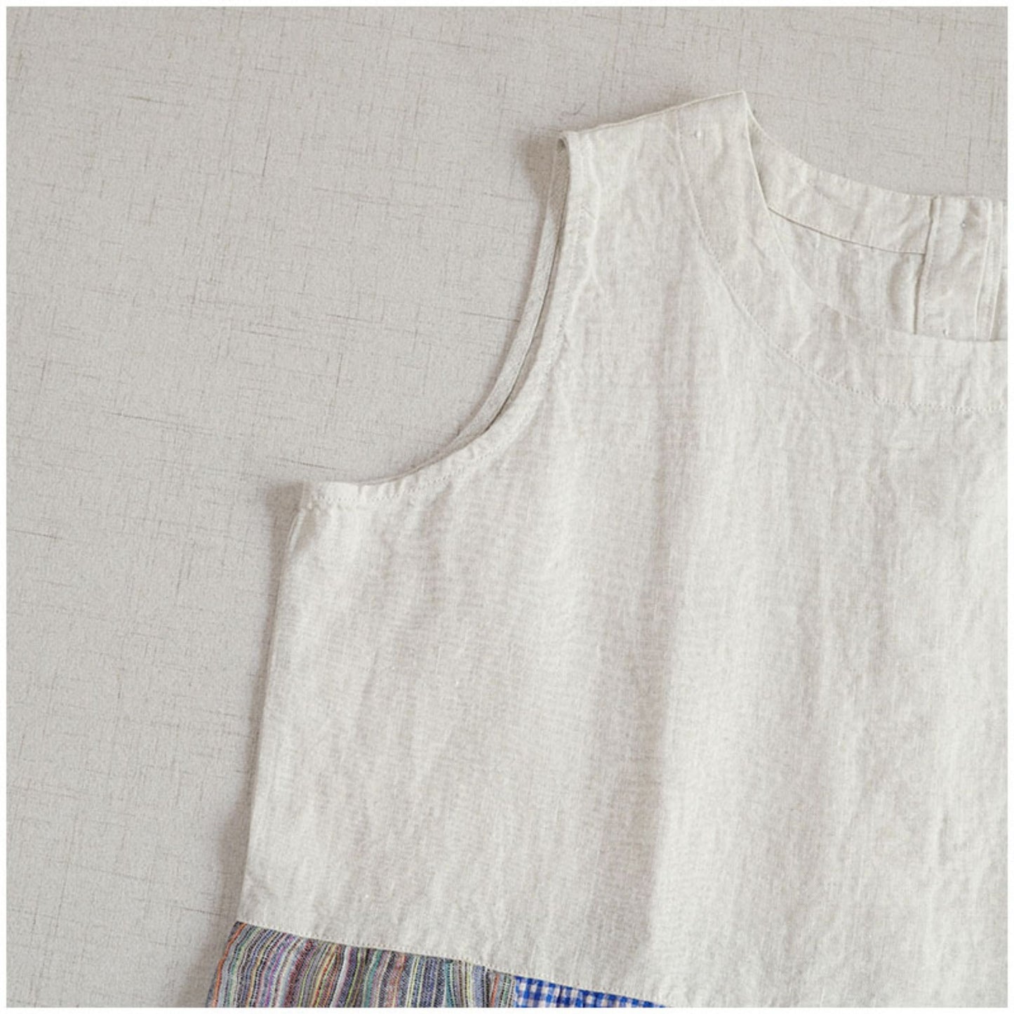 Linen Color-Block Mori Girl Tank Dress – High-Waist, Loose, Round Neck