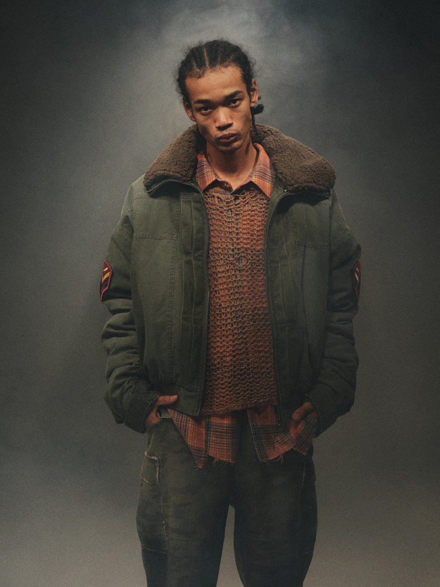 24aw Washed Green Vintage Jacket Cotton-Padded Coat Distressed Epaulet Fur Collar Thickened Coat