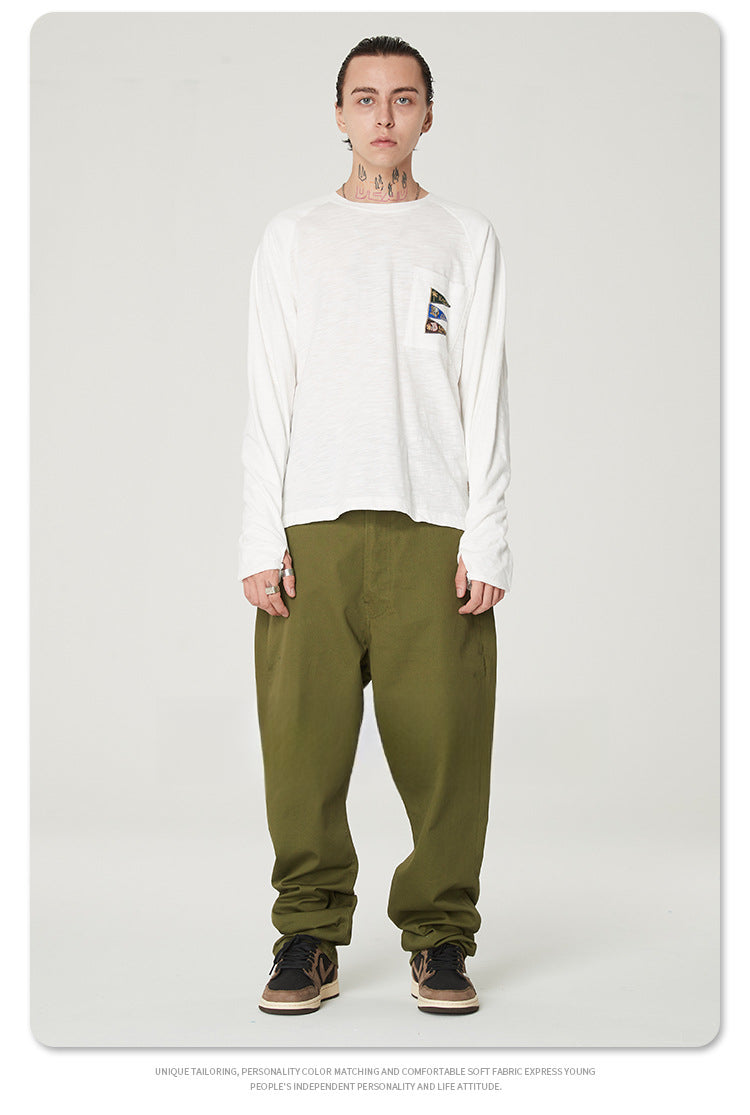 Japanese Style Flag Embroidery Loose Round Neck Men's Versatile Long Sleeve T-Shirt