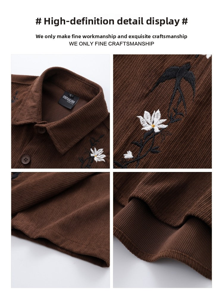 American Retro Floral Embroidery Corduroy Short Sleeve Shirt for Men Summer Trendy Brand Niche Loose Shirt