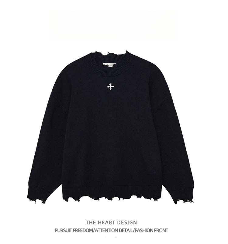 Men's Retro Cross Embroidered Distressed Knit Sweater – High Street American Style Casual Winter Pullover Jacket