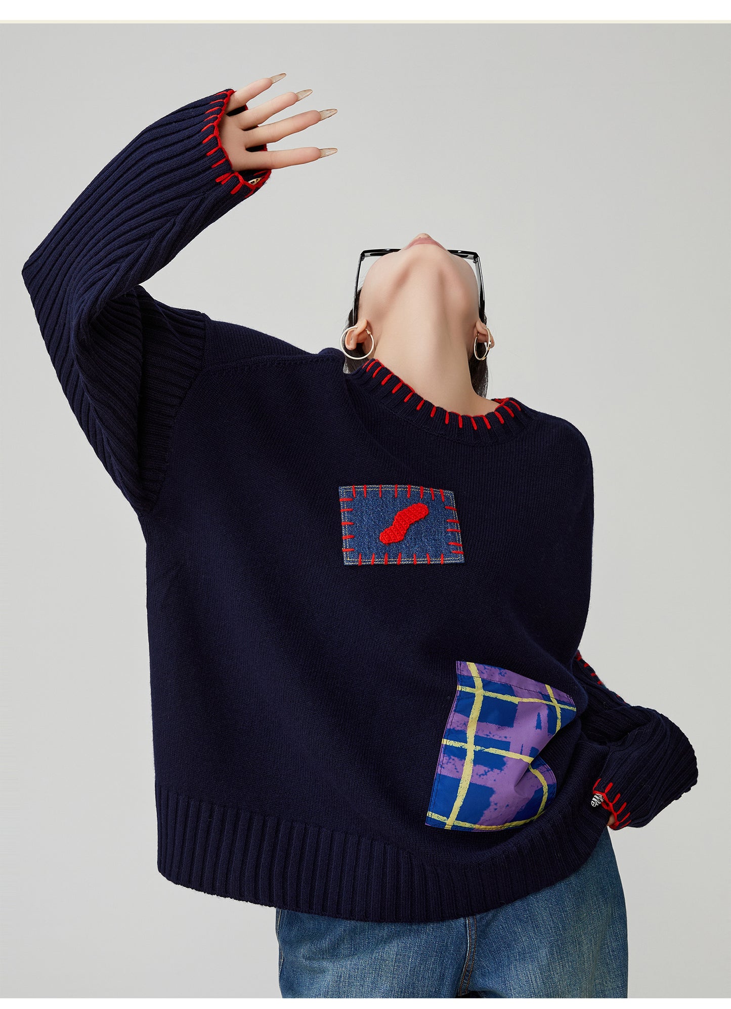 Color-Block Hand-Embroidered Patchwork Sweater – Japanese Niche Knit Top