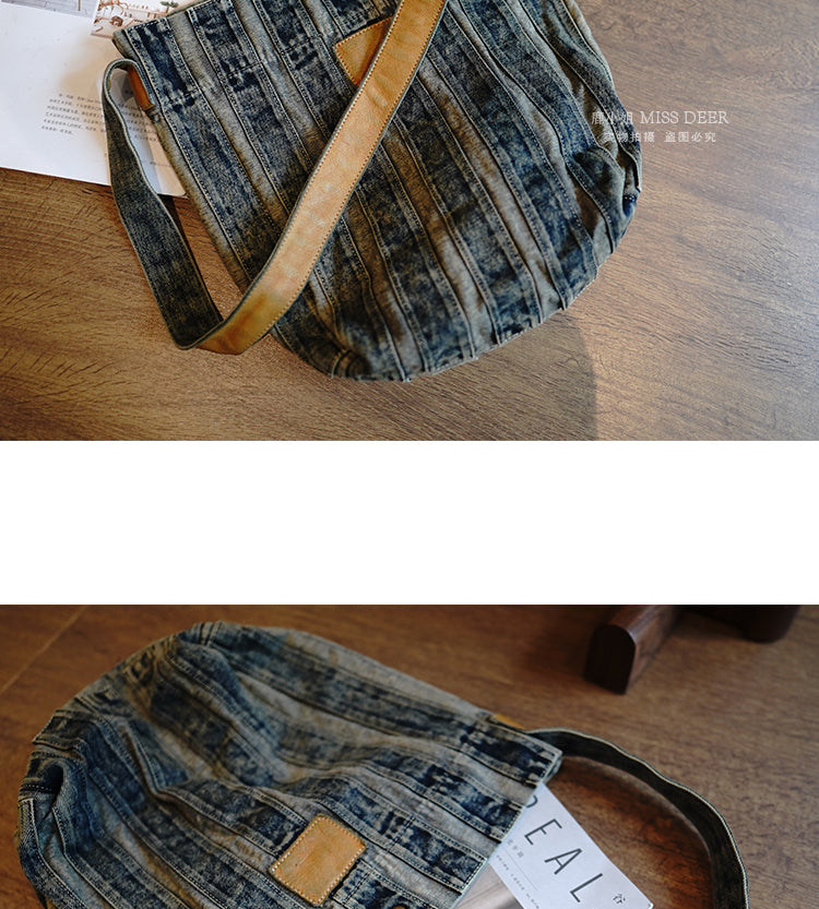 Vintage Washed Distressed Denim Patchwork Lightweight Large Capacity Tote Bag Versatile Casual Shoulder Crossbody Bag