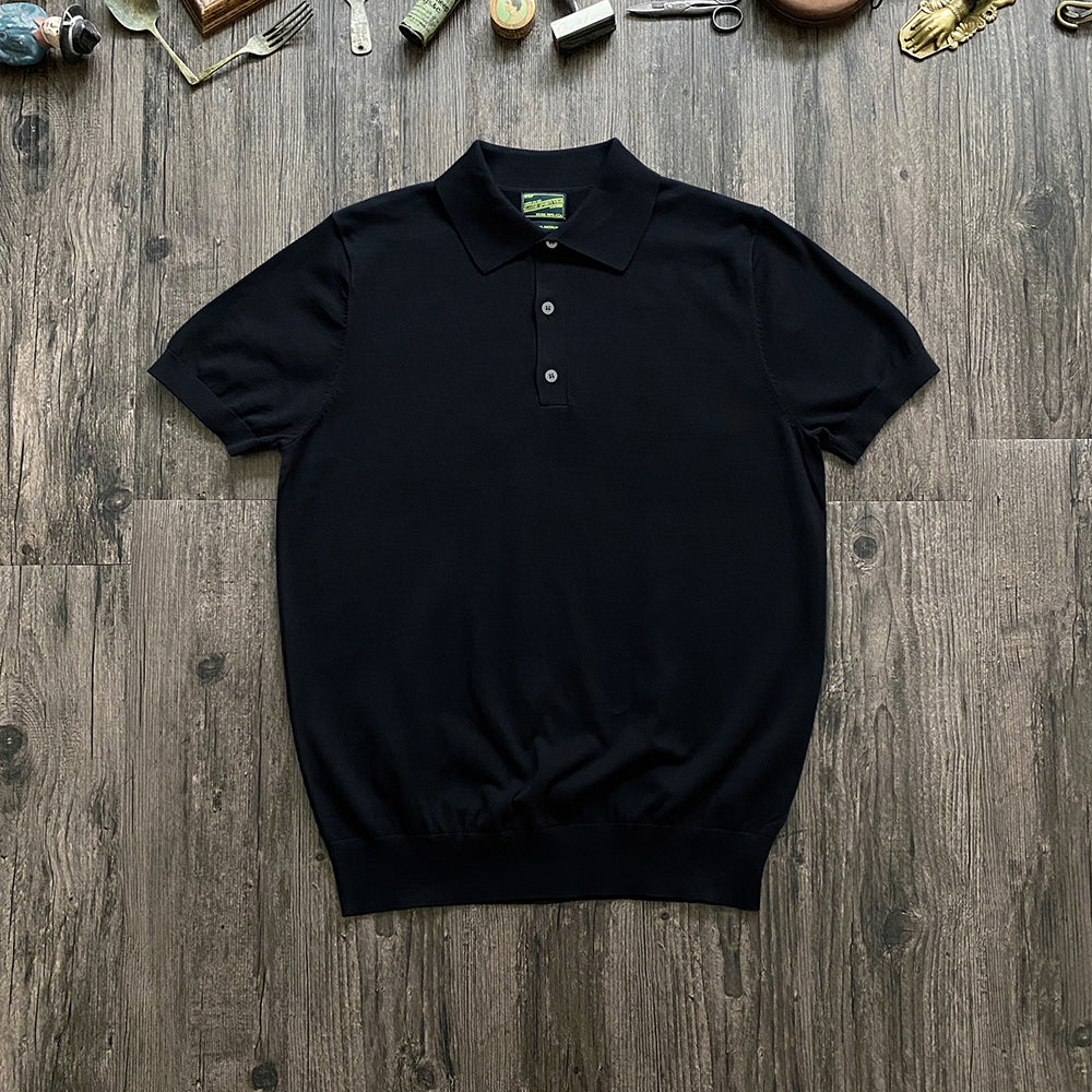 Classic British Retro Pure Black Turn-down Collar Polo Shirt High-woven Long-staple Cotton