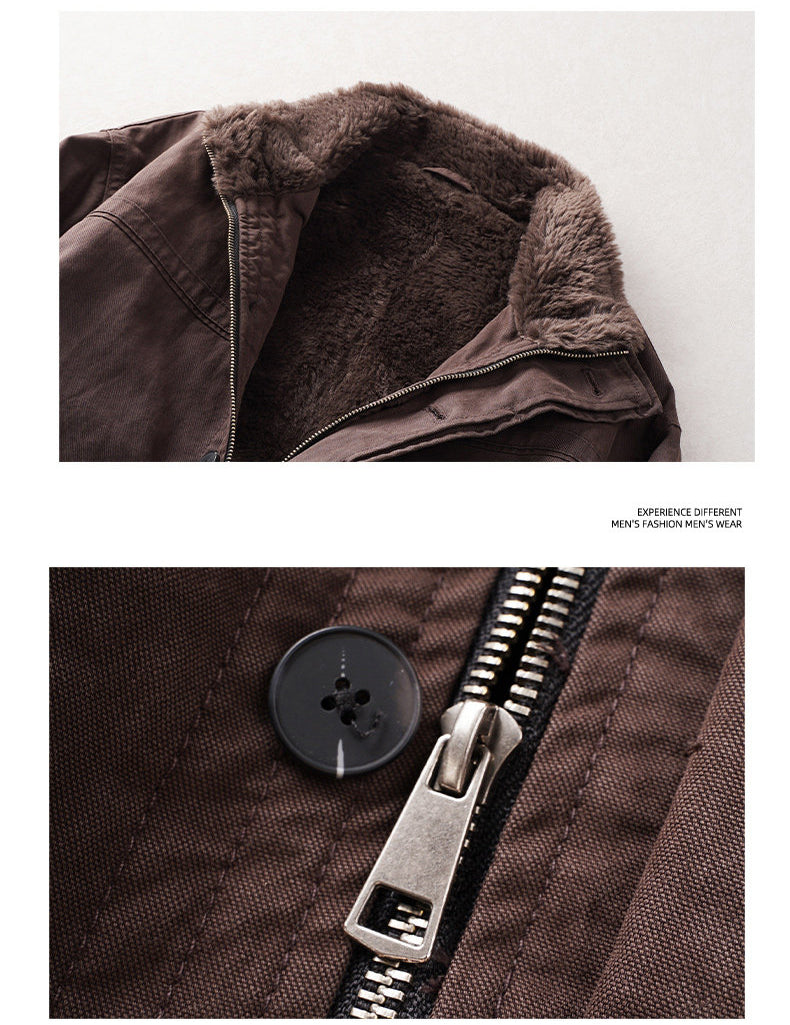Faux Fur-Lined Jacket – Stand Collar & Gathered Hem | Yamalin clothes | Vintage workwear outfit for men