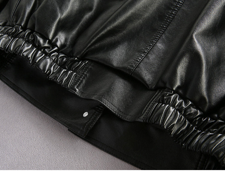 Badge Embroidered PU Leather Biker Jacket – Oversized Unisex | Yamalin clothes | Vintage workwear outfit for men