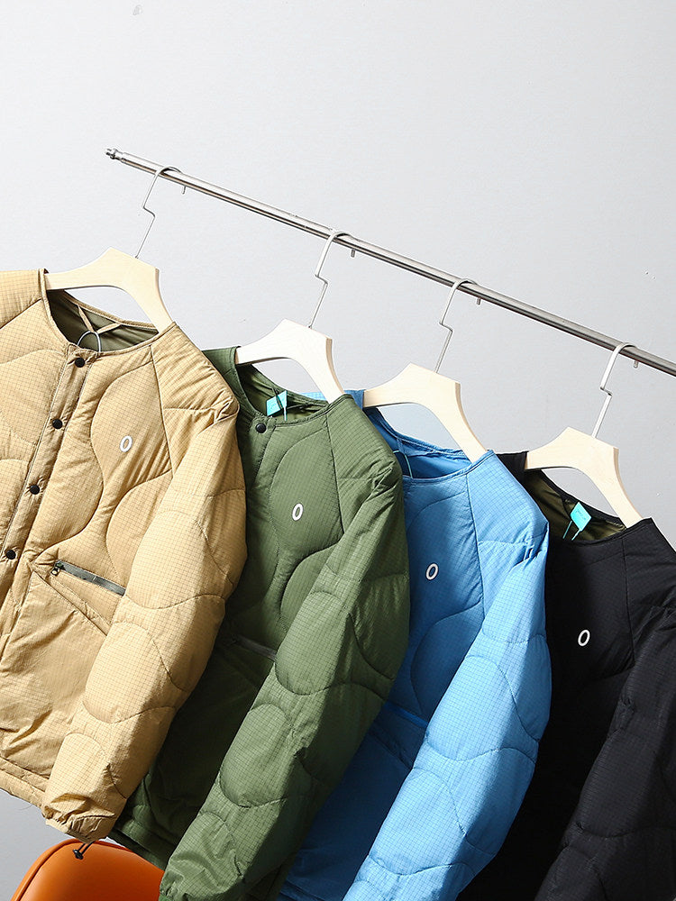Collarless Down Jacket – Wave Quilting & Snap Front
