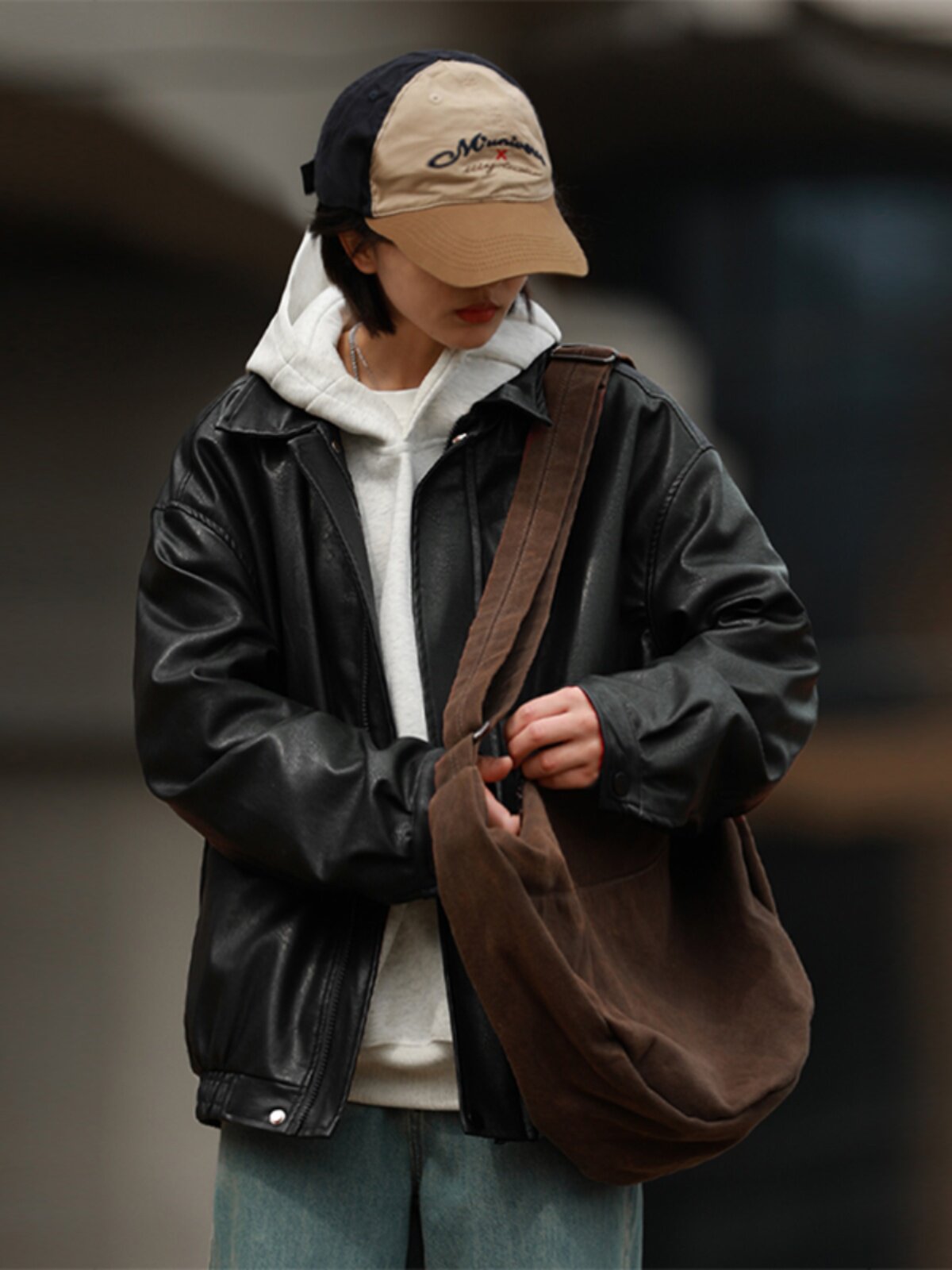 American Retro Lapel Leather Biker Jacket – Oversized Unisex | Yamalin clothes | Vintage workwear outfit for men
