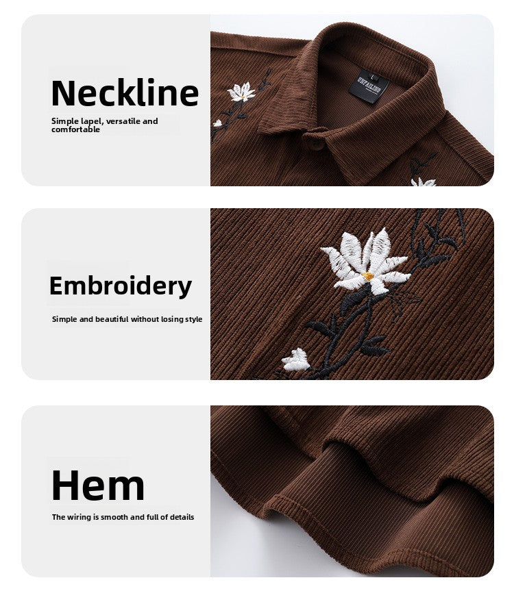 American Retro Floral Embroidery Corduroy Short Sleeve Shirt for Men Summer Trendy Brand Niche Loose Shirt