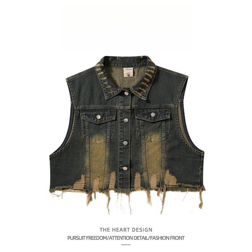 Vintage Distressed Turn-Down Collar Short Fringe Raw Edge Denim Vest Men's Functional Style Workwear Stylish Vintage Vest