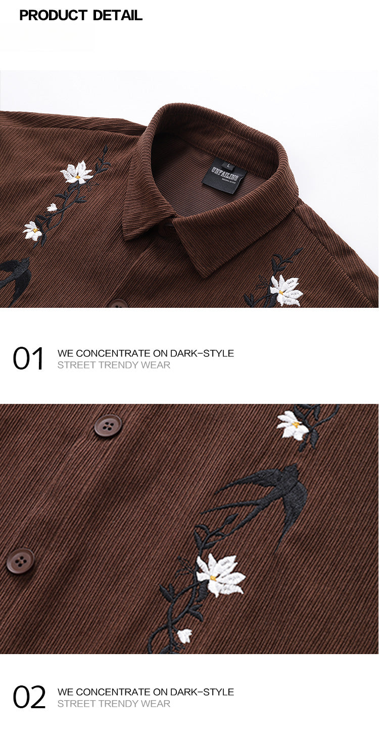 GPStudio American-Retro Floral Embroidery Corduroy Shirt – Long Sleeve, Loose Fit
